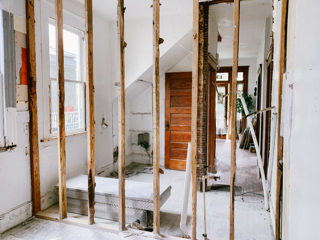 Home interior down to the studs during a remodel