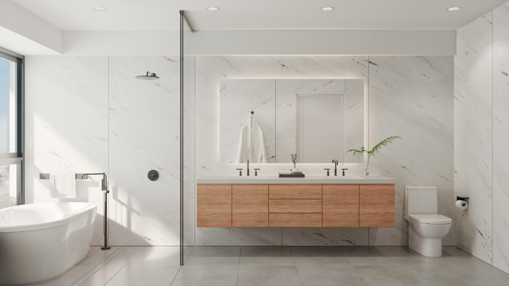 Modern remodeled bathroom with a walk-in shower, floating wood vanity, and freestanding tub