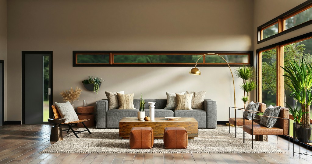 Spacious home addition living room with large windows, modern furniture, and natural light
