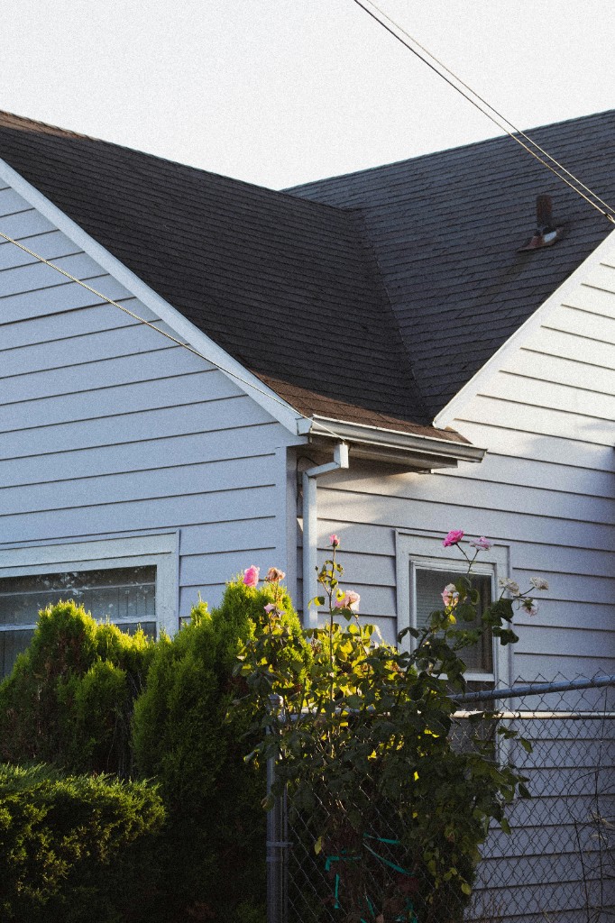 Newly installed dark asphalt shingle roof on a light-sided home