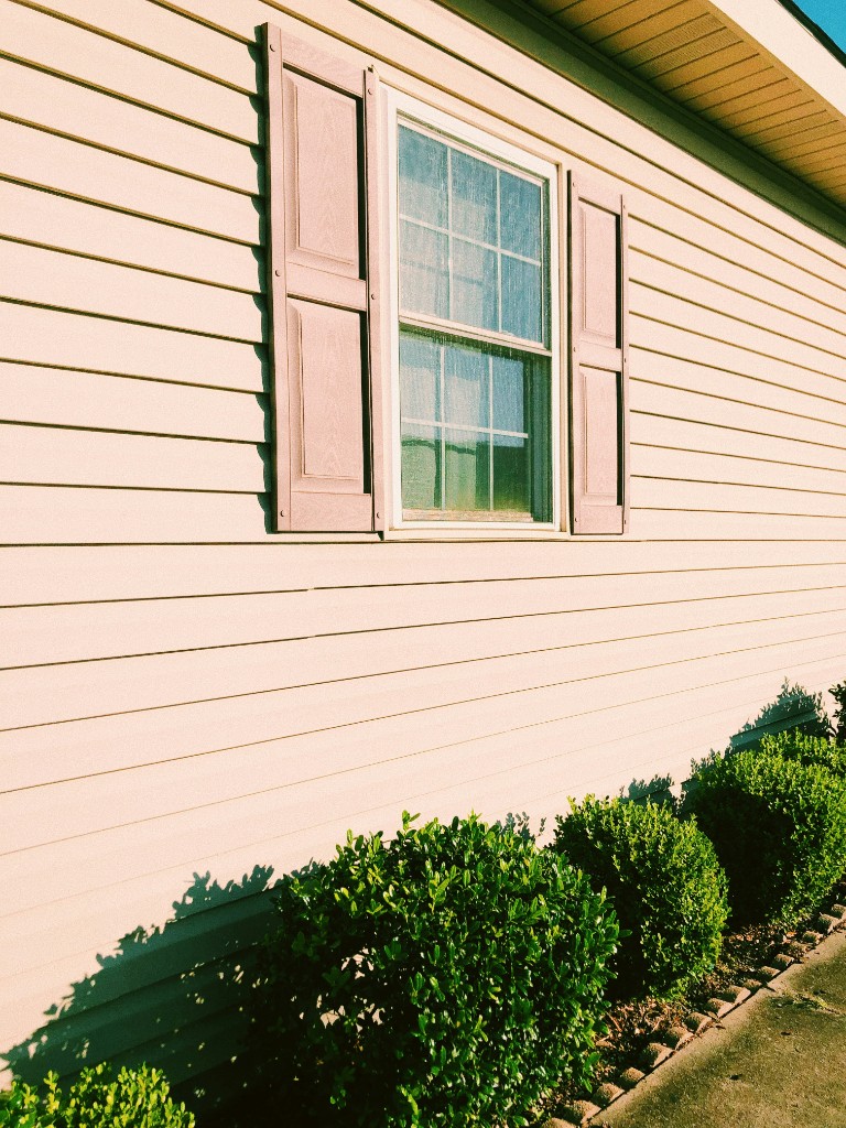 Home exterior with new horizontal vinyl siding and white trim