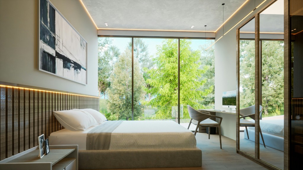 Modern bedroom with floor-to-ceiling windows overlooking a wooded backyard